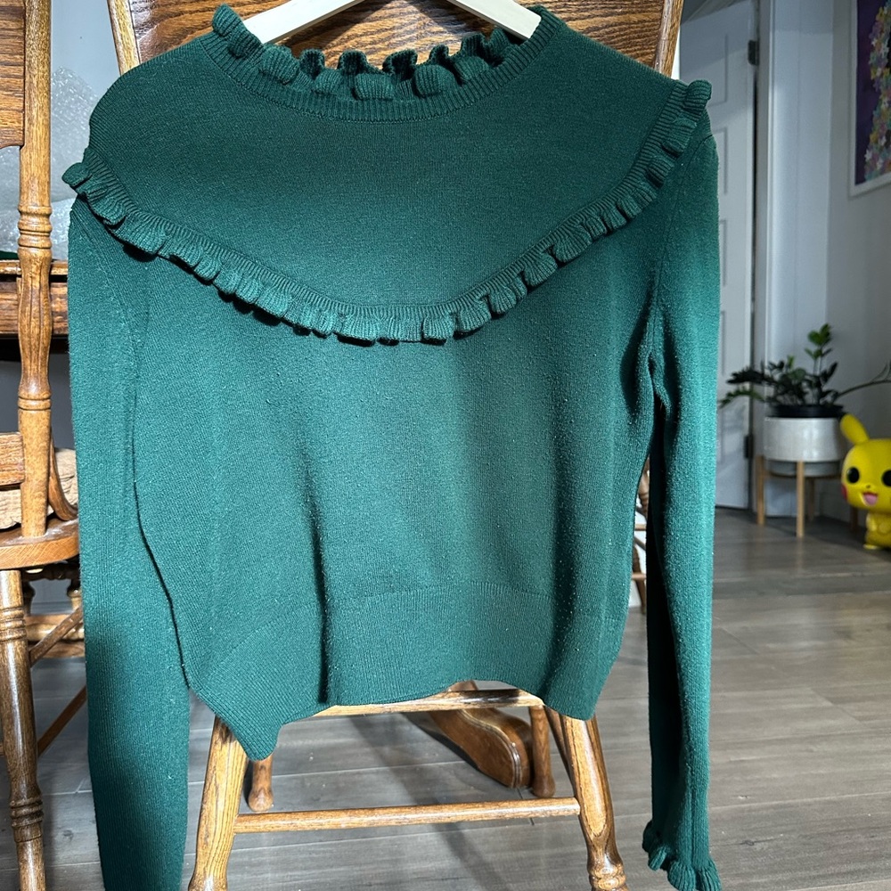 80-Green Ruffled Women's Sweater - Picture 3 of 7